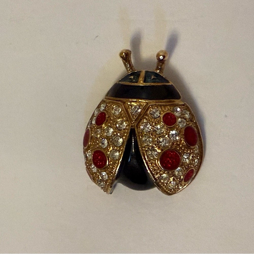 ROMAN BROOCH LADYBUG GOLD TONE BLACK ENAMEL PAVE RHINESTONE PUFFY VINTAGE SIGNED